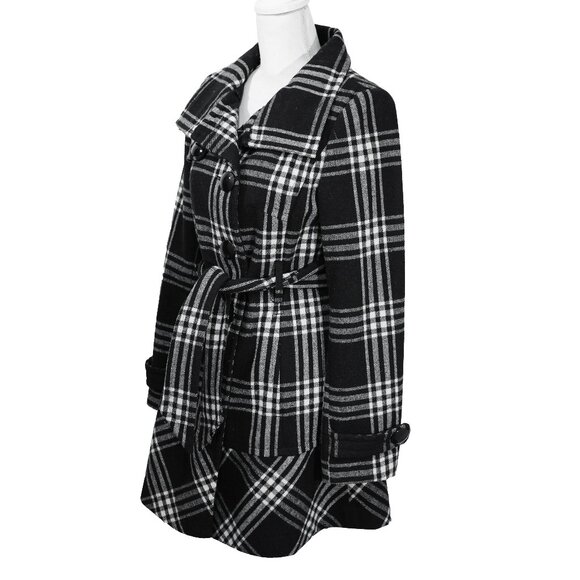 Express Coat Goth Plaid Black Wool Blend Funnel Neck Academia Pea Coat Mod Retro - Picture 6 of 12